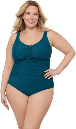 Aqua Green Plus Size Cinch V-neck Side Shirred One-Piece Swimsuit in Lagoon at Nordstrom, Size 2 X