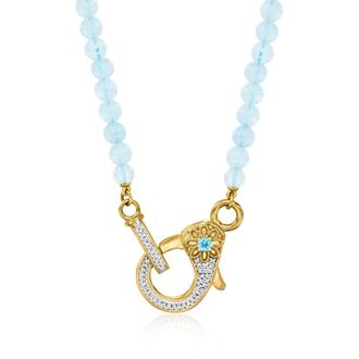 Ross-Simons Aquamarine Bead and. Diamond Lobster Clasp Necklace With Single Swiss Blue Topaz in 18kt Gold Over Sterling