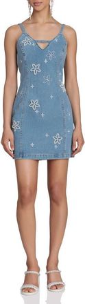 Avec Les Filles Faux Pearl Floral Detail Denim Dress in Fleur Stamp/Nikki Wash at Nordstrom, Size 16