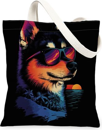 Generic Summer Husky Dog Canvas Tote Bag for Shopping 13x15, Cool Beach Coastal Puppy Reusable Grocery Print Pattern Bag for Women, Retro Pet Beach Aesthetic 