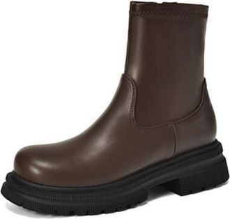 Generic Womens Round Toe Ankle Boots Smooth PU Leather Upper Non Slip Wear Resistant Chunky Sole Side Zipper Elastic Panel Comfortable Stylish For Daily Commu