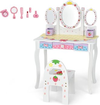 Costway Costway - Set Tocador Con Espejo Tripartido Para Ni&ntilde;os/set Mesa Tocador Y Silla Para Ni&ntilde;os Con 3 Cajones, 2 Caja/mesa De Maquillaje Con Taburete (blan