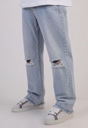 Siksilk Hombre Lavado Azul Claro Desgastado Jeans de Corte Holgado 38