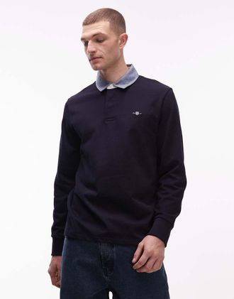 GANT Polo stile rugby pesante blu navy con colletto in chambray