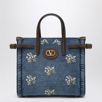 Valentino Garavani Antibes small embroidered denim shopping bag in blue