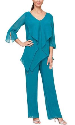 Alex Evenings Ruffled Scoop Neck Pantsuit In Teal
