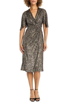 Maggy London Sequin Flutter Sleeve Cocktail Midi Dress in Silver/Gold/Black at Nordstrom Rack, Size 16