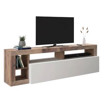 Dmora Mueble De Sal&oacute;n Con Soporte Para Tv Moderno Con Estantes, Aparador Bajo Con Puerta Abatible, Made In Italy, 184x58xh42 Cm, Color Blanco Y Pera - Dmora