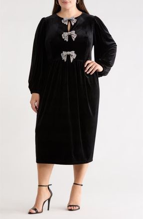 Sugarlips Jena Glow Bow Long Sleeve Velvet Midi Dress in Black at Nordstrom, Size 3X