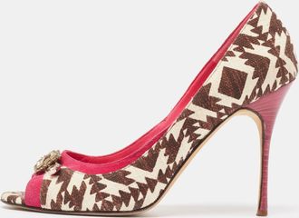 Manolo Blahnik Tricolor Printed Canvas And Suede Embellished Buckle Peep Toe Pumps