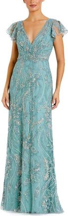 Mac Duggal V Neck Flutter Sleeve Floral Embroidered Gown in Seafoam at Nordstrom, Size 16