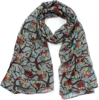 World of Shawls Ladies Owl On a Branch Print Fashion Scarf (Grey)