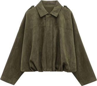 Generic Suede Jackets For Women Y2k Faux Suede Bomber Jacket Full Zip Batwing Sleeve Lapel Leather Cropped Pilot Jacket Autumn Winter Waterproof Outerwear Lad