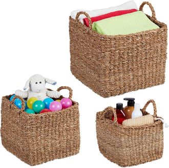 Relaxdays Relaxdays - Storage Box, Seagrass, Set of 3, Baskets in 3 Sizes, Bathroom & Nursery Storage, Square Woven Baskets, Natural