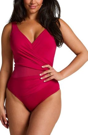 Hunkem&ouml;ller Shaping Shell Mesh Swimsuit in Sangria at Nordstrom, Size Medium