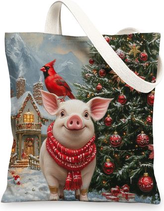 Generic Winter Merry Christmas Pig Canvas Tote Bag for Shopping 13x15, Farmhouse Country Xmas Reusable Grocery Print Bag for Women, Happy Holiday Beach Aesthe