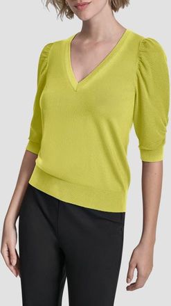 DKNY Puff Sleeve V-Neck Sweater in Limeade at Nordstrom, Size X-Small
