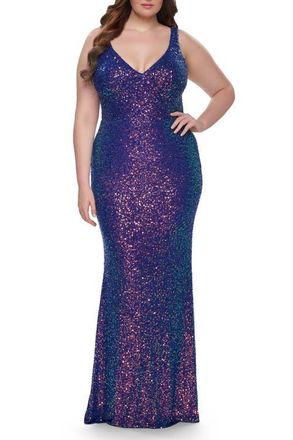 La Femme Unique Stretch Sequin Plus Gown with V-Neckline in Indigo at Nordstrom, Size 18W
