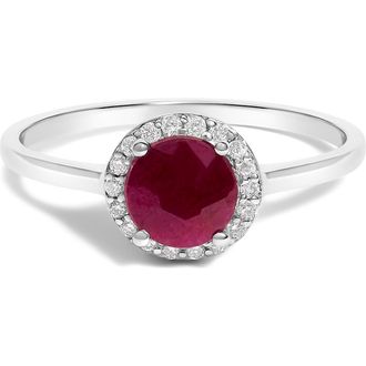 House of Brilliance 10K Gold Gemstone and 1/10 Cttw Diamond Halo Birthstone Ring in White | Red Ruby at Nordstrom, Size 6.5