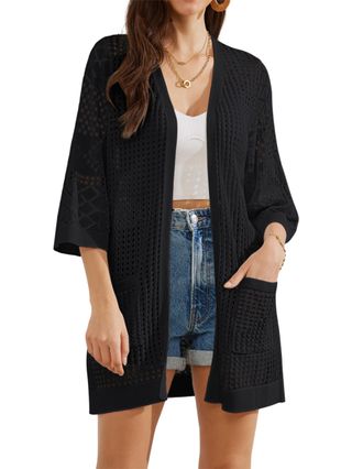 Grace Karin Womens Basic Hollow Out Cardigan Pullover Short Sleeve Elegant Open Front Cardigan, black, M