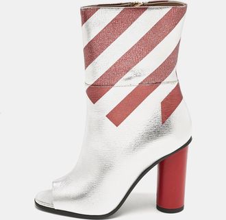 Anya Hindmarch Silver/burgundy Stripe Leather Peep Toe Ankle Boots