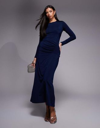 Ra-Re London - Vestito lungo in raso color blu navy con dettaglio in punto smock