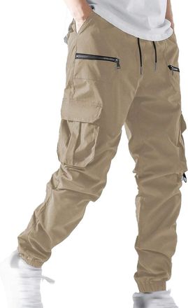 Generic Mens Tapered Cargo Trousers with Zipper Pockets Elasticated Waist Adjustable Cuffs Casual Streetwear Pants Daily Wear Outdoor Trousers Bottoms Khaki