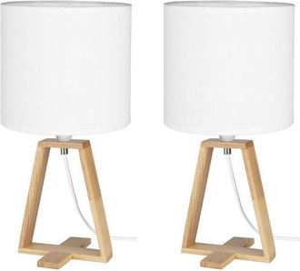 Forlight Nuts - (2 uds) Lámpara de Mesa de Estilo Nórdico. Para Mesita de Noche de Madera Natural y Textil de Color Blanco. E27