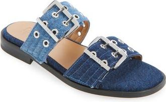 Ganni Feminine Buckle Strap Denim Slide Sandal in Mid Blue Vintage at Nordstrom, Size 12Us