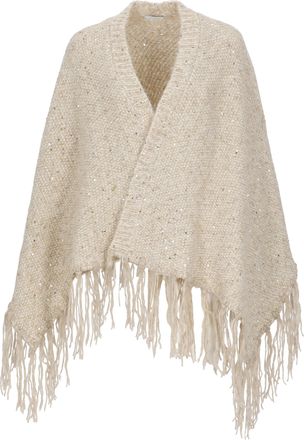 PESERICO Beige Knitted Cape With Lurex Motif And Fringed Hem