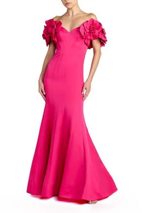 Mac Duggal Satin Off The Shoulder Floral Detail Trumpet Gown in Hot Pink at Nordstrom, Size 14