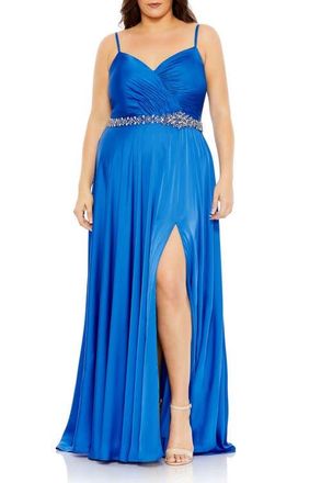 Mac Duggal Beaded Belt Faux Wrap A Line Gown in Cobalt at Nordstrom, Size 24W