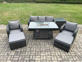 Fimous Wicker Rattan Garden Furniture Sofa Set Gas Fire Pit Dining Table Indoor Outdoor with Side Table Chair 2 Big Footstool in Dark Grey