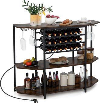 Costway Costway - Gabinete Para Barra De Vinos, Estante Industrial Para Vinos De 3 Niveles Con Estaci&oacute;n De Carga Integrada, Soportes Para Vasos, Botelleros, T