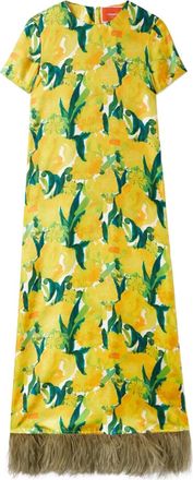 La DoubleJ Abito lungo Swing con motivo a fiori e finiture con piume - Giallo