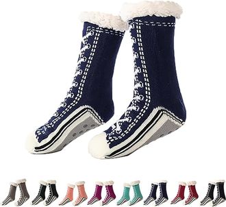 Generic Ultra-Thick Cashmere Slipper Socks for Women, Home Non-slip Soft Cozy Fleece, Winter Warm Fluffy Christmas Sock with Grippers (Dark Blue)