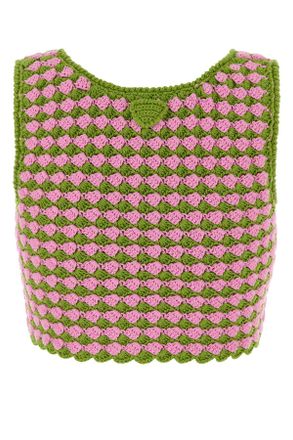 Prada Womens Tow-Tone Crochet Crop Top Pistacchio+rosa Exterior: Cotton Maglie Sweater