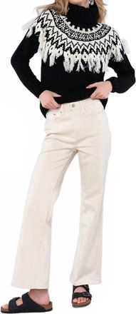 Lovestitch Intarsia Patterned Turtle Neck Fringe Sweater In Black/ivory