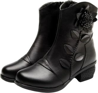 Generic Womens Vintage Leather Boots Low Heel Round Toe Winter Fashion Casual Shoes