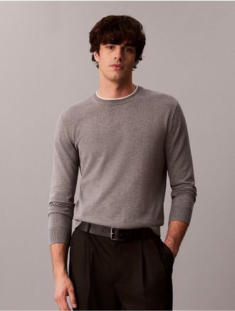 Calvin Klein Mens Supima Cotton Double Collar Crewneck Sweater - Grey - XL