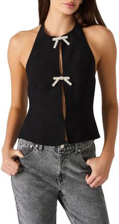 Steve Madden Juvia Crystal Bow Halter Top in Black at Nordstrom, Size 14