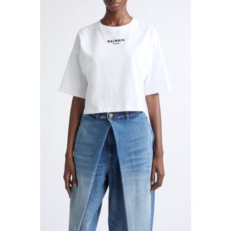 Balmain Crop Embroidered Balmain Paris Cotton T-Shirt in Gab White/blk at Nordstrom, Size X-Small