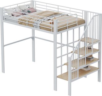 STILVORA Cama Alta Doble Con Escalera Y Espacio De Almacenaje 140 X 200 Cm, Sin Colchon, Blanca, Metal Y Madera