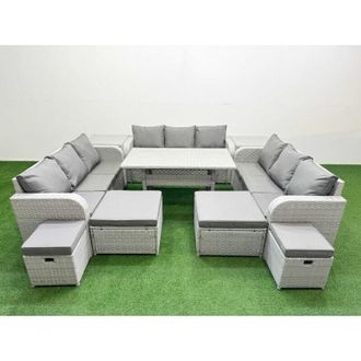 Fimous Pe Rattan Lounge Sofa Set 10 Seater Outdoor Garden Furniture Set with Dining Table 3 Seater Sofa 2 Big Footstools 2 Side Tables Light Grey - Fimous