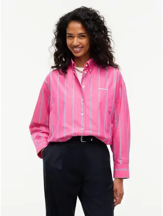 Tommy Hilfiger Womens Tommy Jeans Bubble-Hem Cropped Shirt - Bright Cherise Pink / Stripe - L