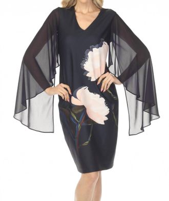 Joseph Ribkoff Chiffon Cape Sleeves Floral Midi Dress In Midnight Blue Multi