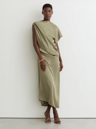 Reiss Khaki Green Satin Asymmetric Draped Midi Dress, 18