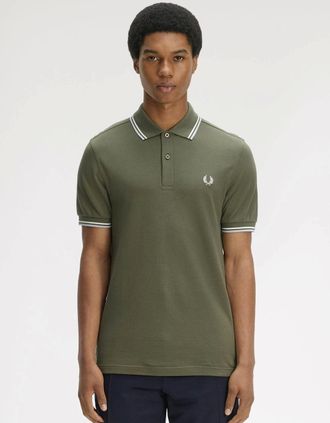 Fred Perry Mens Fred Perry Mens Twin Tipped Signature Polo Shirt - Laurel Wreath Green/Ecru/Dusky Blue 87B - Tan - Size: 40