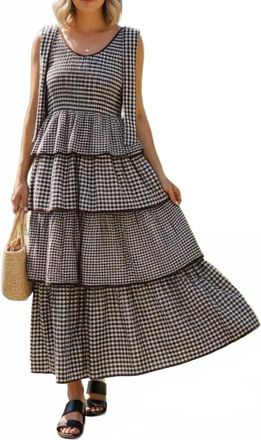Entro Gingham Tiered Midi Dress In Brown White