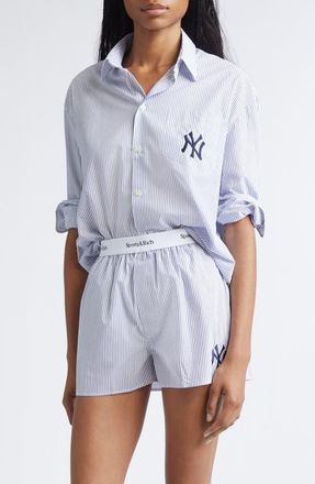 Sporty & Rich Gender Inclusive New York Yankees Serif Stripe Poplin Button-Up Shirt in Navy Striped at Nordstrom, Size Xx-Large